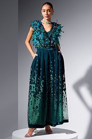 Teal Silk Velvet Trousers by Not So Serious by Pallavi Mohan