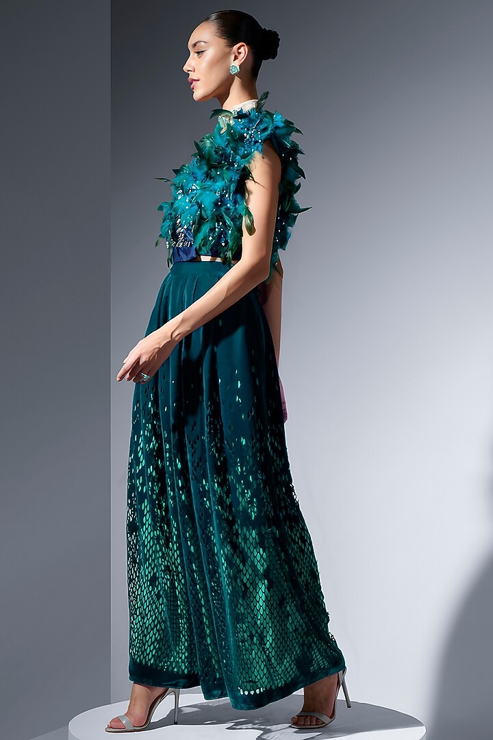 Teal Silk Velvet Trousers by Not So Serious by Pallavi Mohan at Pernia's Pop Up Shop