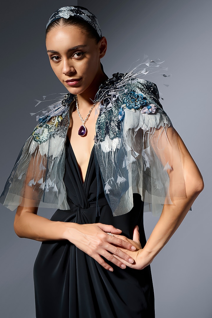 Navy Blue Tulle Cutdana Embroidered Draped Cape by Not So Serious by Pallavi Mohan at Pernia's Pop Up Shop