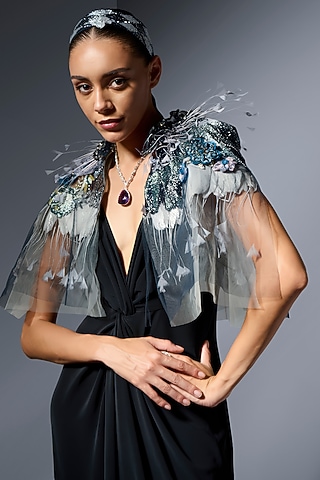 Navy Blue Tulle Cutdana Embroidered Draped Cape by Not So Serious by Pallavi Mohan