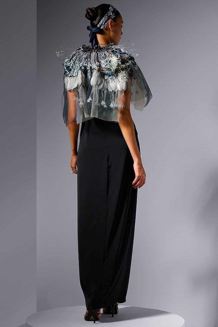Navy Blue Tulle Cutdana Embroidered Draped Cape by Not So Serious by Pallavi Mohan at Pernia's Pop Up Shop