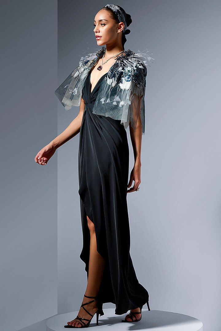 Navy Blue Tulle Cutdana Embroidered Draped Cape by Not So Serious by Pallavi Mohan at Pernia's Pop Up Shop