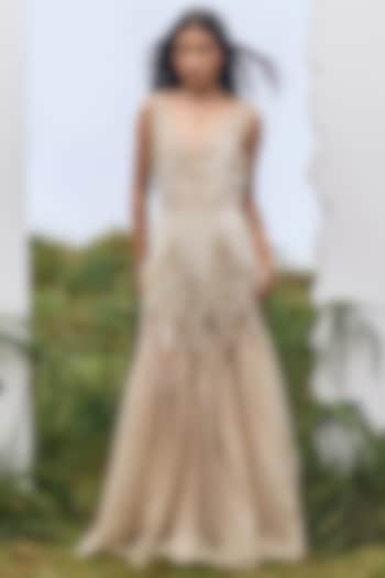 Beige Georgette Cutwork Embroidered Maxi Party Wear Dress by Not So Serious by Pallavi Mohan at Pernia's Pop Up Shop
