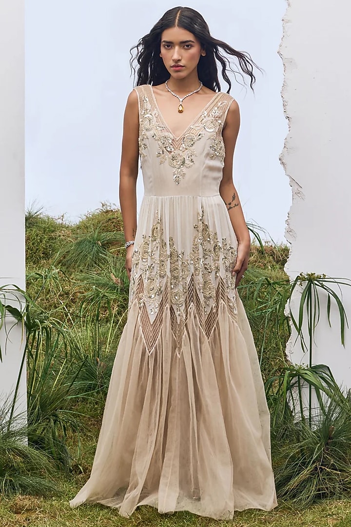 Beige Georgette Cutwork Embroidered Maxi Party Wear Dress by Not So Serious by Pallavi Mohan at Pernia's Pop Up Shop
