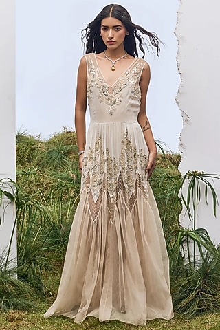 Beige Georgette Cutwork Embroidered Maxi Dress by Not So Serious by Pallavi Mohan