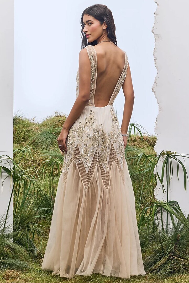 Beige Georgette Cutwork Embroidered Maxi Party Wear Dress by Not So Serious by Pallavi Mohan at Pernia's Pop Up Shop
