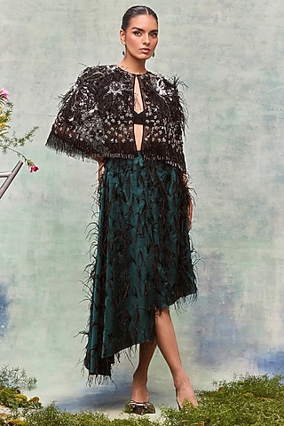 Emerald Silk Satin High-Low Draped Skirt by Not So Serious by Pallavi Mohan