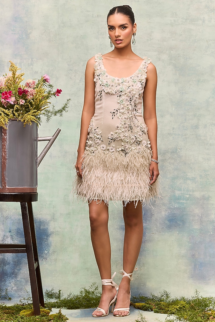Off-White Ombre Georgette Floral Embellished Party Wear Dress by Not So Serious by Pallavi Mohan at Pernia's Pop Up Shop