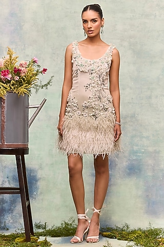 Off-White Ombre Georgette Floral Embellished Dress by Not So Serious by Pallavi Mohan
