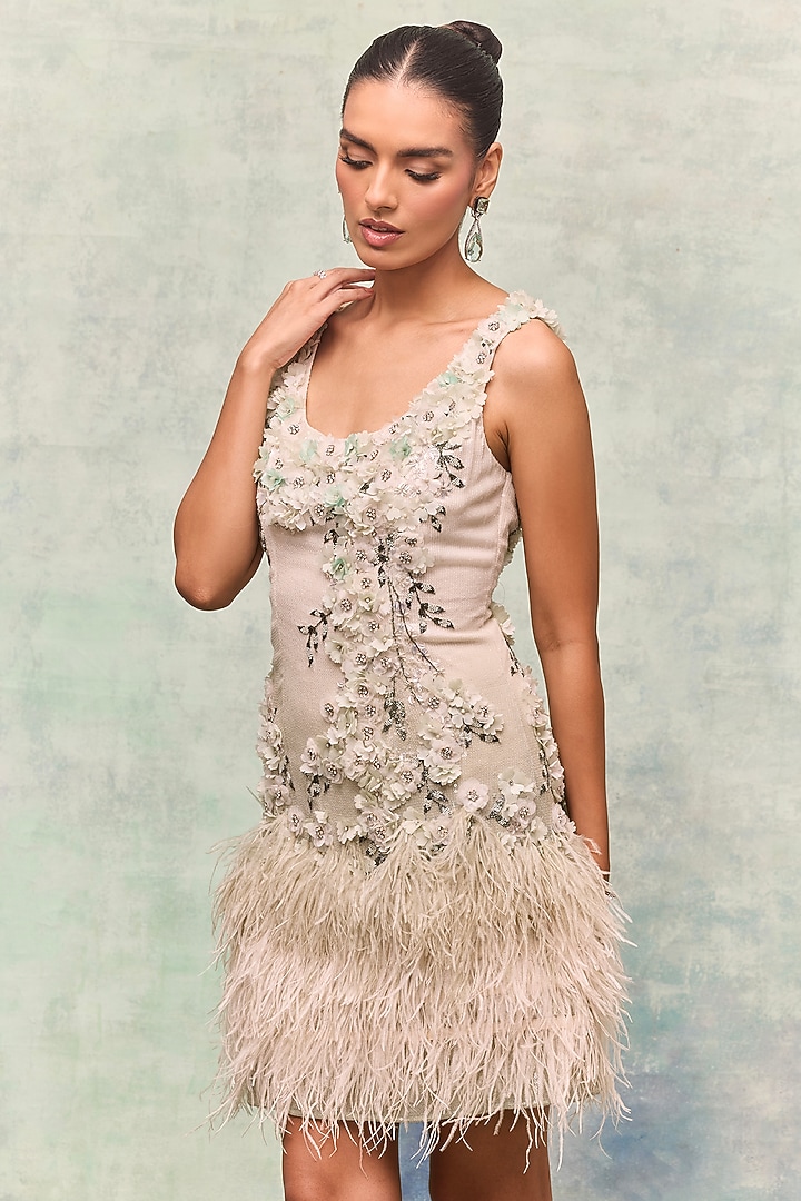 Off-White Ombre Georgette Floral Embellished Party Wear Dress by Not So Serious by Pallavi Mohan at Pernia's Pop Up Shop