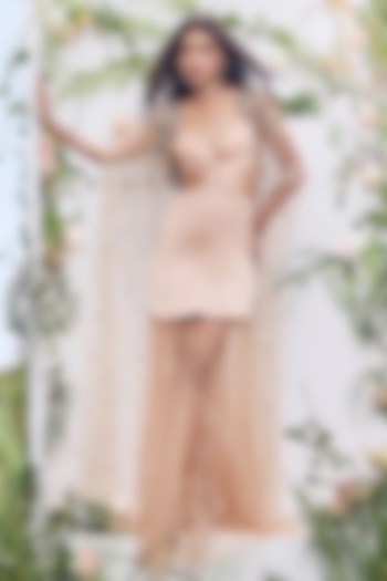 Beige Soft Mesh Sequin Embroidered Cape by Not So Serious by Pallavi Mohan at Pernia's Pop Up Shop