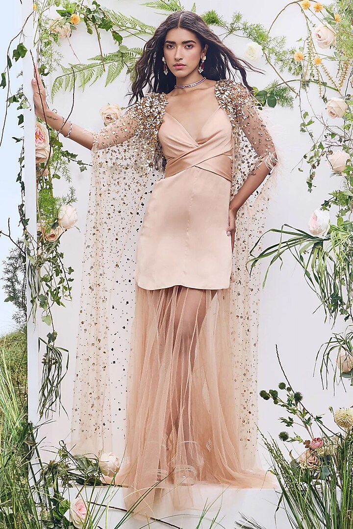 Beige Soft Mesh Sequin Embroidered Cape by Not So Serious by Pallavi Mohan at Pernia's Pop Up Shop