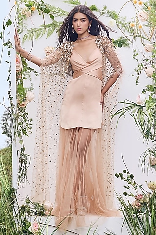 Beige Soft Mesh Sequin Embroidered Cape by Not So Serious by Pallavi Mohan