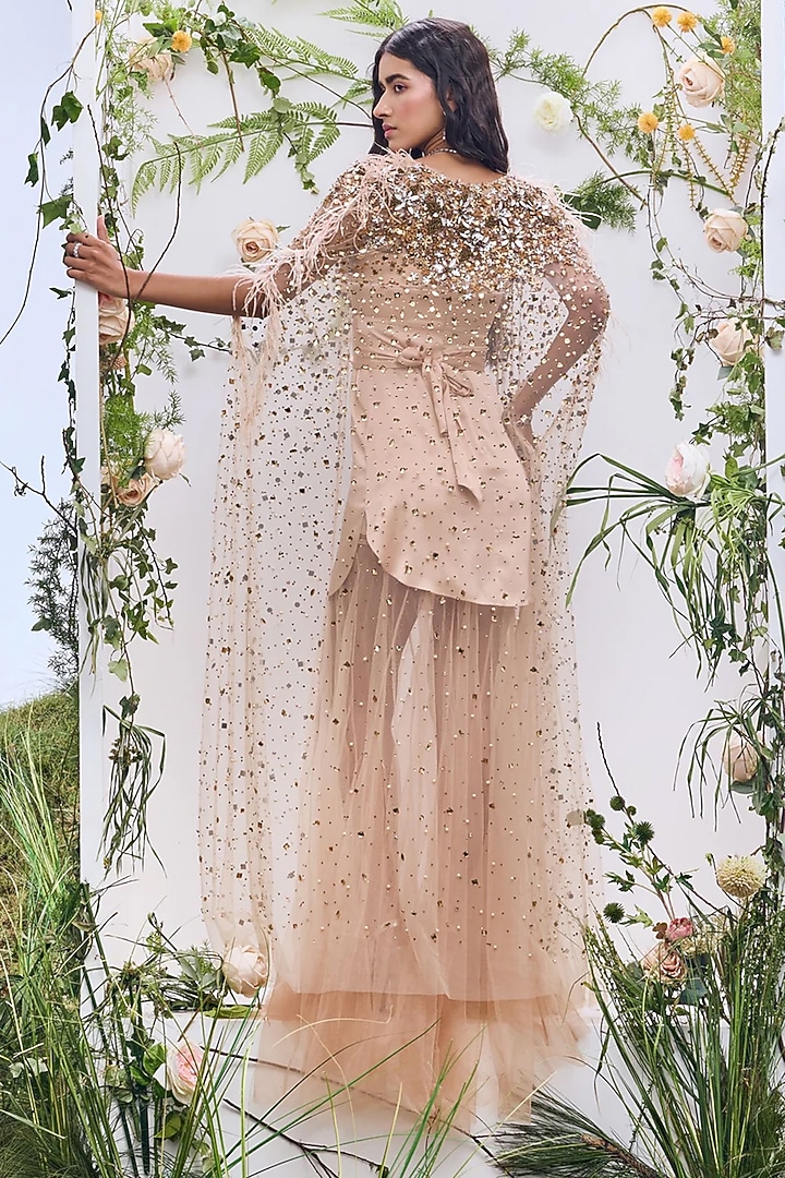 Beige Soft Mesh Sequin Embroidered Cape by Not So Serious by Pallavi Mohan at Pernia's Pop Up Shop