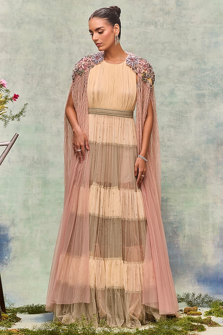 Ivory Soft Mesh Tiered Party Wear Dress For Girls by Not So Serious by Pallavi Mohan at Pernia's Pop Up Shop