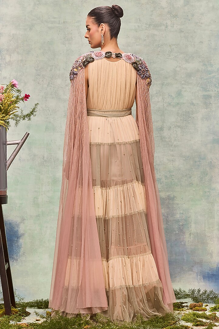 Ivory Soft Mesh Tiered Party Wear Dress For Girls by Not So Serious by Pallavi Mohan at Pernia's Pop Up Shop