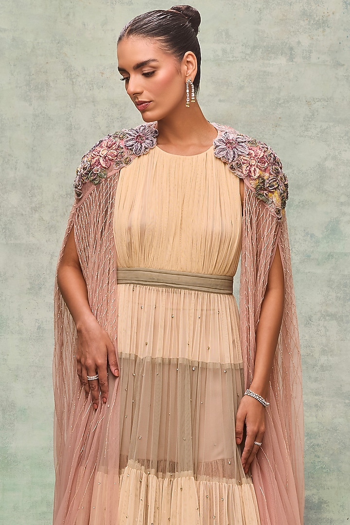 Ivory Soft Mesh Tiered Party Wear Dress For Girls by Not So Serious by Pallavi Mohan at Pernia's Pop Up Shop