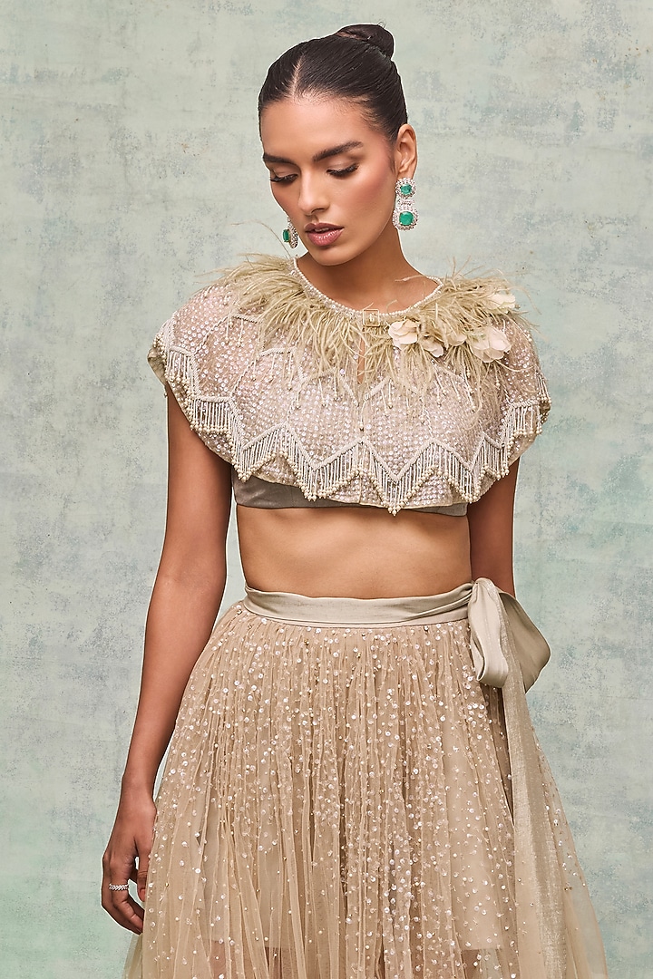 Mint Tulle Pearl Embroidered Cape by Not So Serious by Pallavi Mohan at Pernia's Pop Up Shop