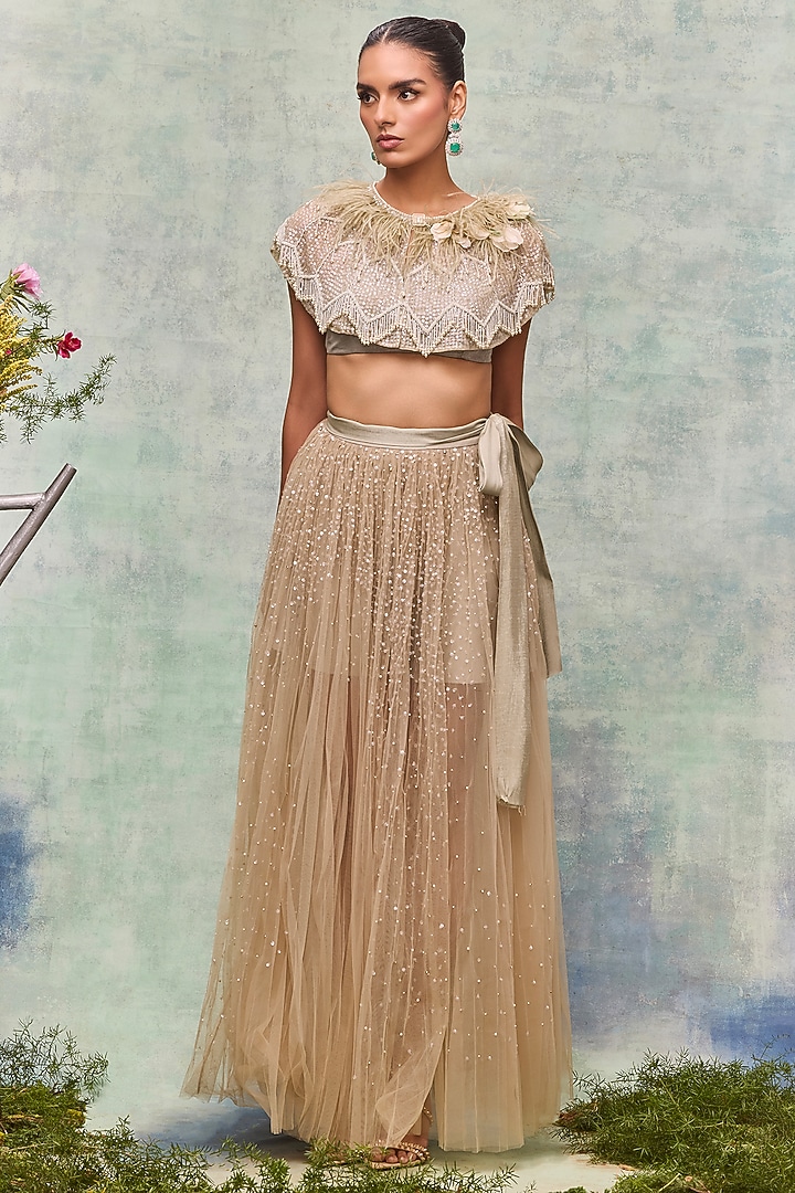 Mint Tulle Pearl Embroidered Cape by Not So Serious by Pallavi Mohan at Pernia's Pop Up Shop