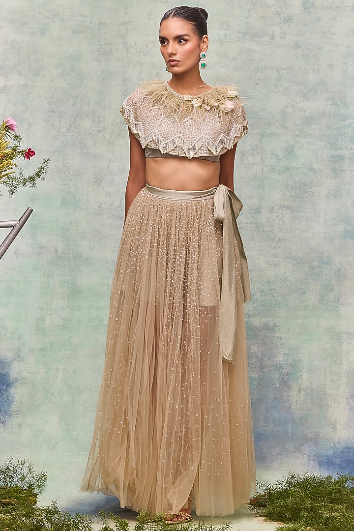 Mint Tulle Pearl Embroidered Skirt by Not So Serious by Pallavi Mohan at Pernia's Pop Up Shop