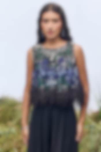 Navy Blue Tulle Sequin Embroidered Top by Not So Serious by Pallavi Mohan at Pernia's Pop Up Shop