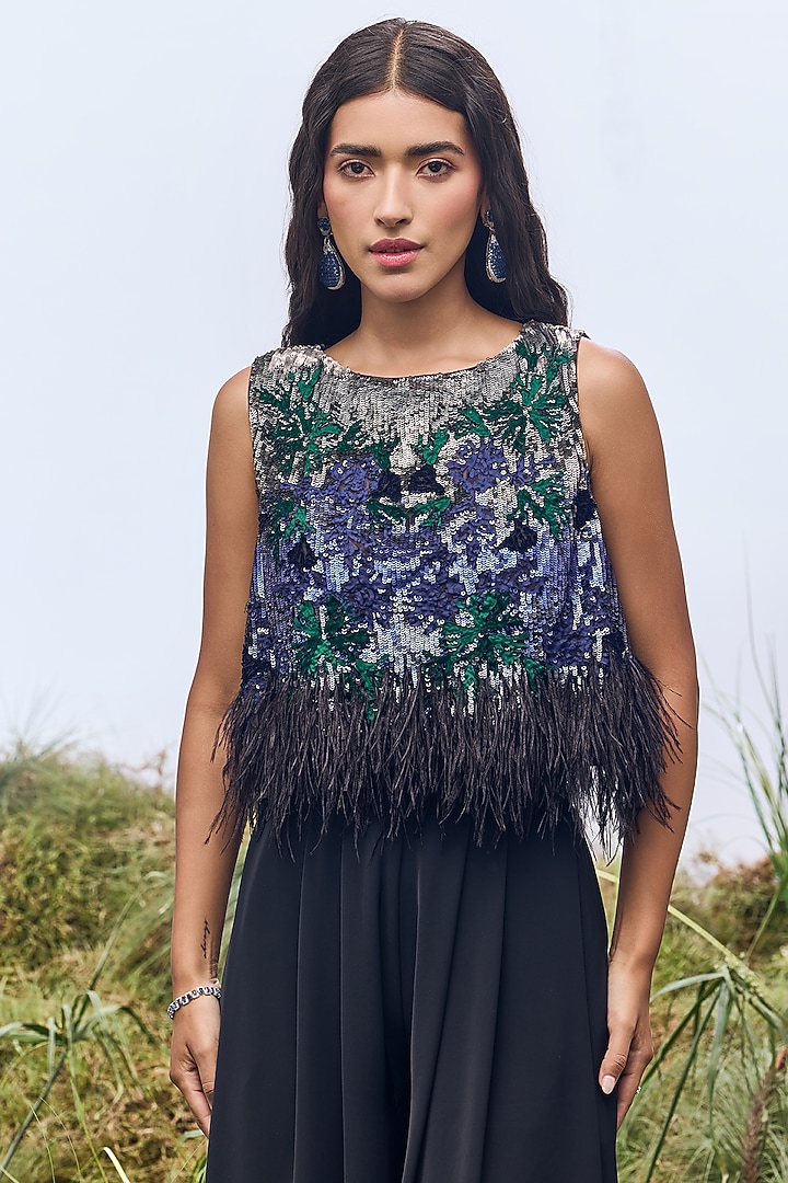 Navy Blue Tulle Sequin Embroidered Top by Not So Serious by Pallavi Mohan at Pernia's Pop Up Shop