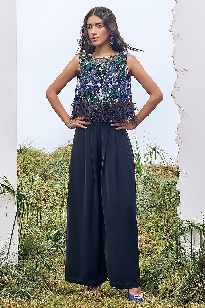 Navy Blue Tulle Sequin Embroidered Top by Not So Serious by Pallavi Mohan at Pernia's Pop Up Shop