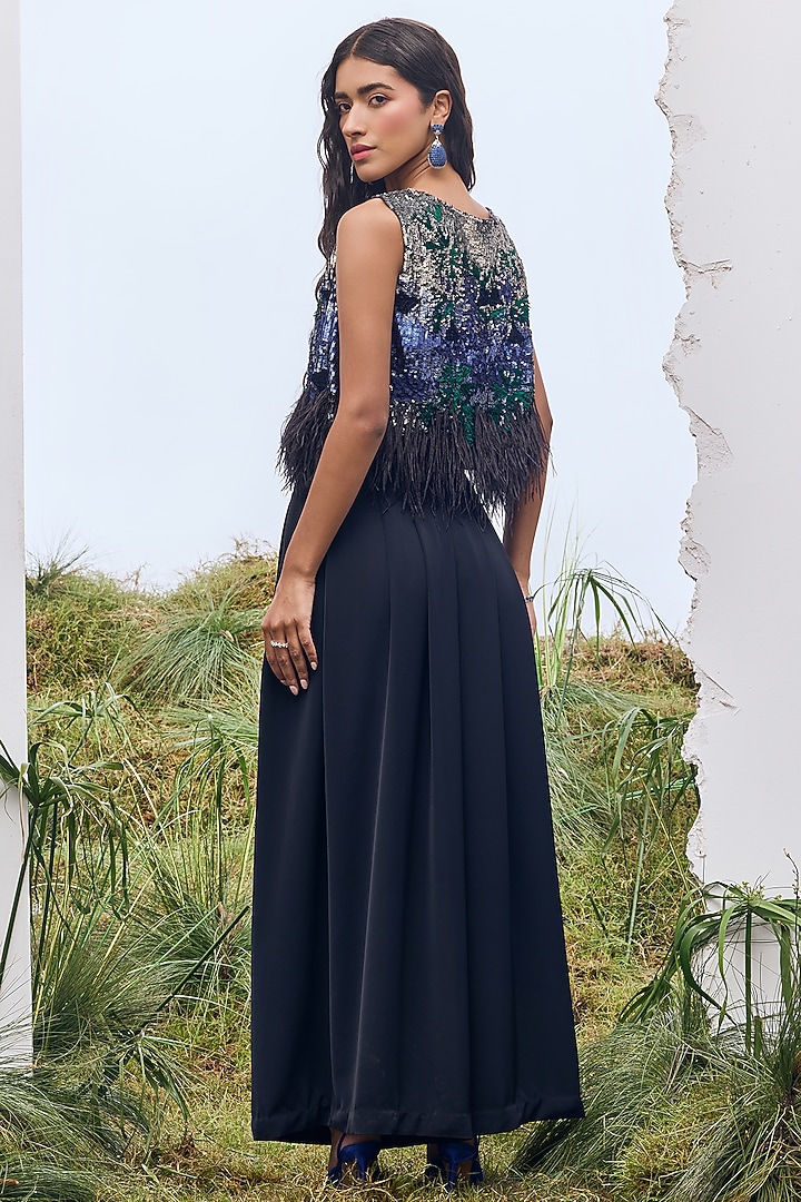 Navy Blue Tulle Sequin Embroidered Top by Not So Serious by Pallavi Mohan at Pernia's Pop Up Shop