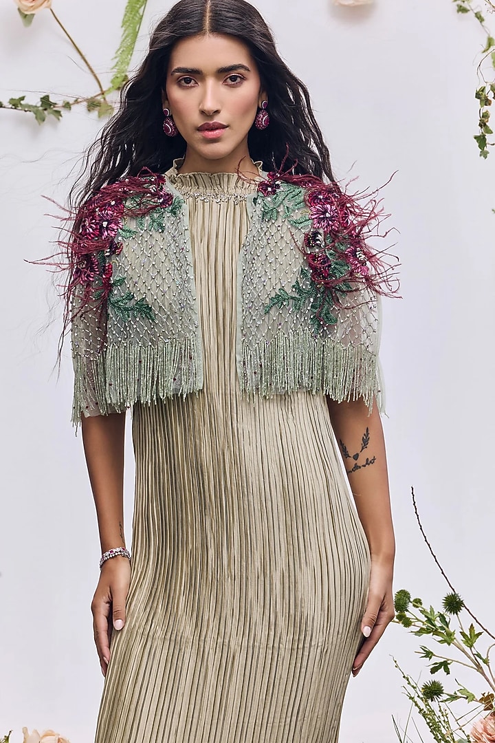 Mint Tulle Ribbon Embroidered Cape by Not So Serious by Pallavi Mohan at Pernia's Pop Up Shop