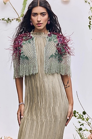 Mint Tulle Ribbon Embroidered Cape by Not So Serious by Pallavi Mohan