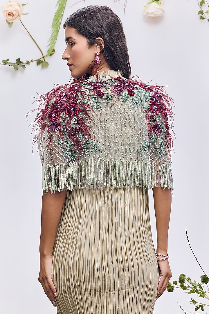 Mint Tulle Ribbon Embroidered Cape by Not So Serious by Pallavi Mohan at Pernia's Pop Up Shop