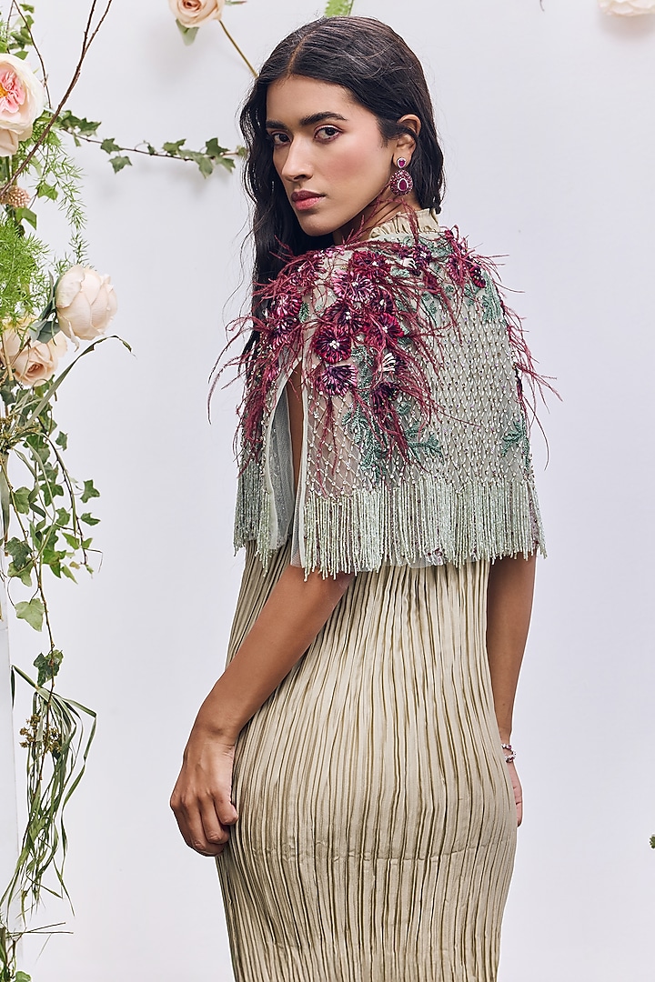 Mint Tulle Ribbon Embroidered Cape by Not So Serious by Pallavi Mohan at Pernia's Pop Up Shop