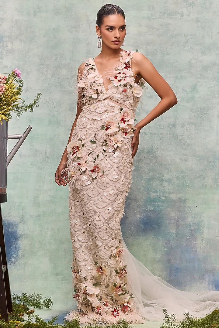 Ivory Mesh Motif Embroidered Bridal Gown by Not So Serious by Pallavi Mohan at Pernia's Pop Up Shop
