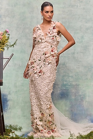 Ivory Mesh Motif Embroidered Gown by Not So Serious by Pallavi Mohan