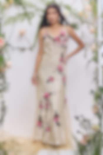 Gold Ochre Georgette Feather Embroidered Bridal Gown by Not So Serious by Pallavi Mohan at Pernia's Pop Up Shop