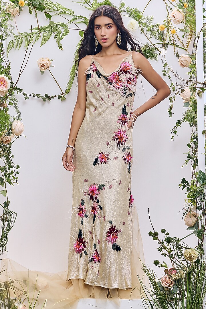 Gold Ochre Georgette Feather Embroidered Bridal Gown by Not So Serious by Pallavi Mohan at Pernia's Pop Up Shop
