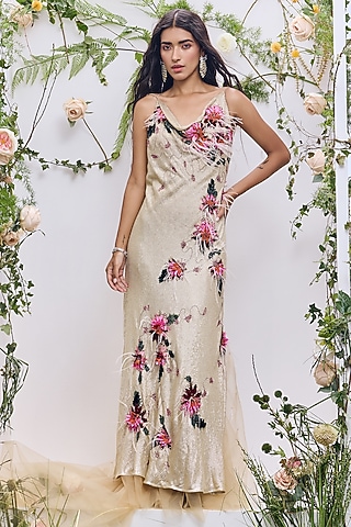 Gold Ochre Georgette Feather Embroidered Gown by Not So Serious by Pallavi Mohan