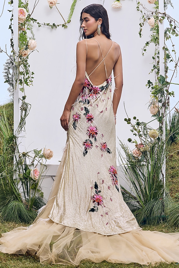Gold Ochre Georgette Feather Embroidered Bridal Gown by Not So Serious by Pallavi Mohan at Pernia's Pop Up Shop