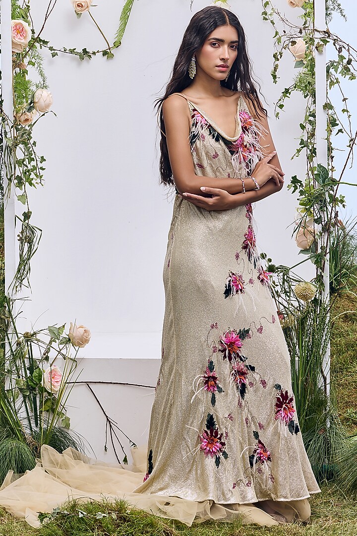 Gold Ochre Georgette Feather Embroidered Bridal Gown by Not So Serious by Pallavi Mohan at Pernia's Pop Up Shop