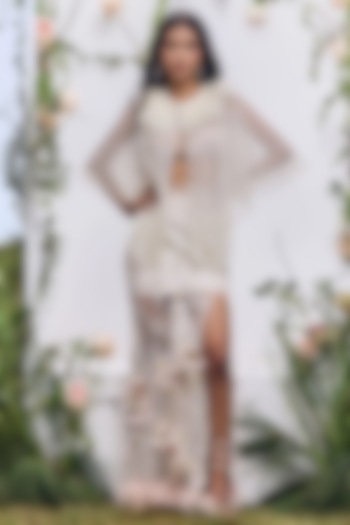 Ivory Mesh Pearl Embroidered Cape by Not So Serious by Pallavi Mohan at Pernia's Pop Up Shop