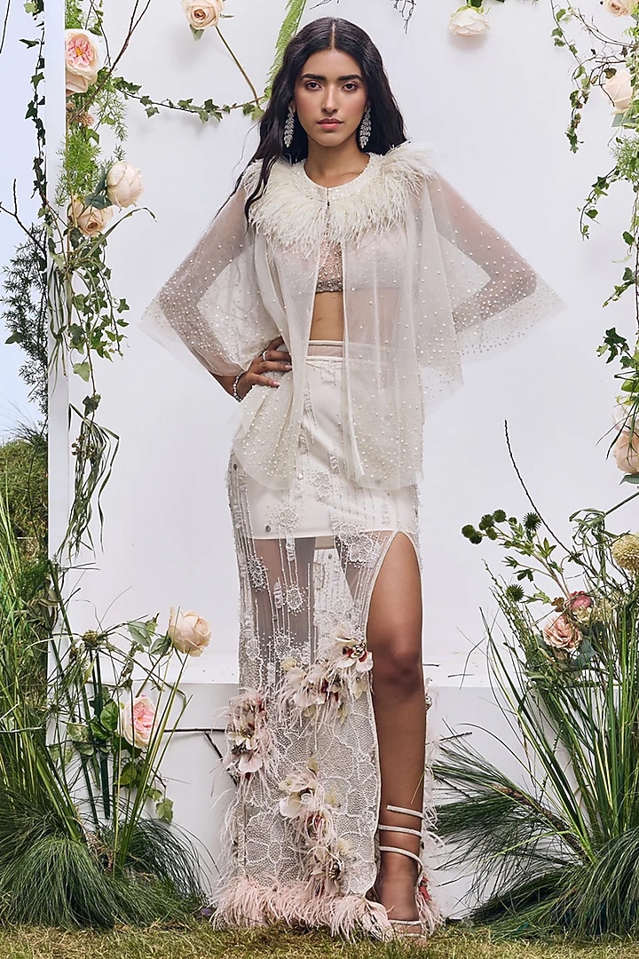 Ivory Mesh Pearl Embroidered Cape by Not So Serious by Pallavi Mohan at Pernia's Pop Up Shop