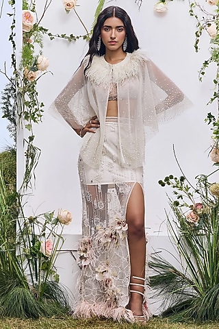 Ivory Mesh Pearl Embroidered Cape by Not So Serious by Pallavi Mohan