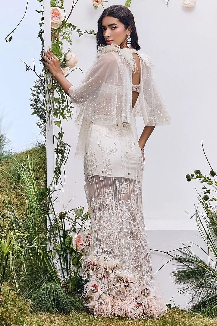 Ivory Mesh Pearl Embroidered Cape by Not So Serious by Pallavi Mohan at Pernia's Pop Up Shop