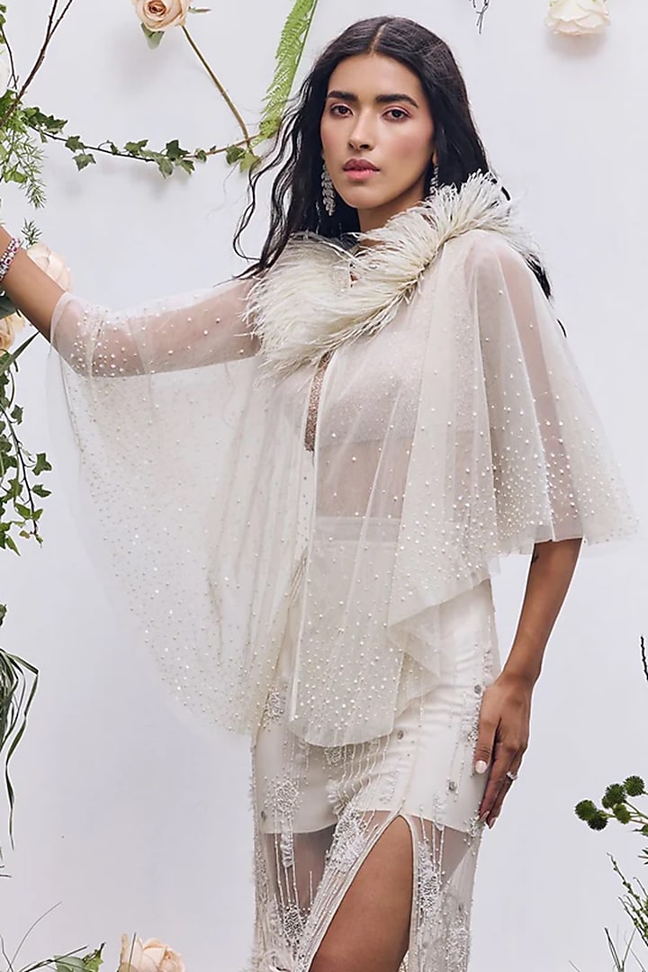 Ivory Mesh Pearl Embroidered Cape by Not So Serious by Pallavi Mohan at Pernia's Pop Up Shop