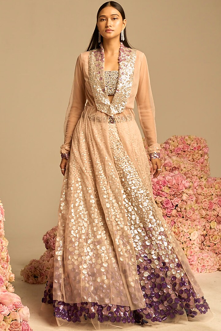 Blush Gold Tulle & Crepe Lehenga Set by Not So Serious By Pallavi Mohan