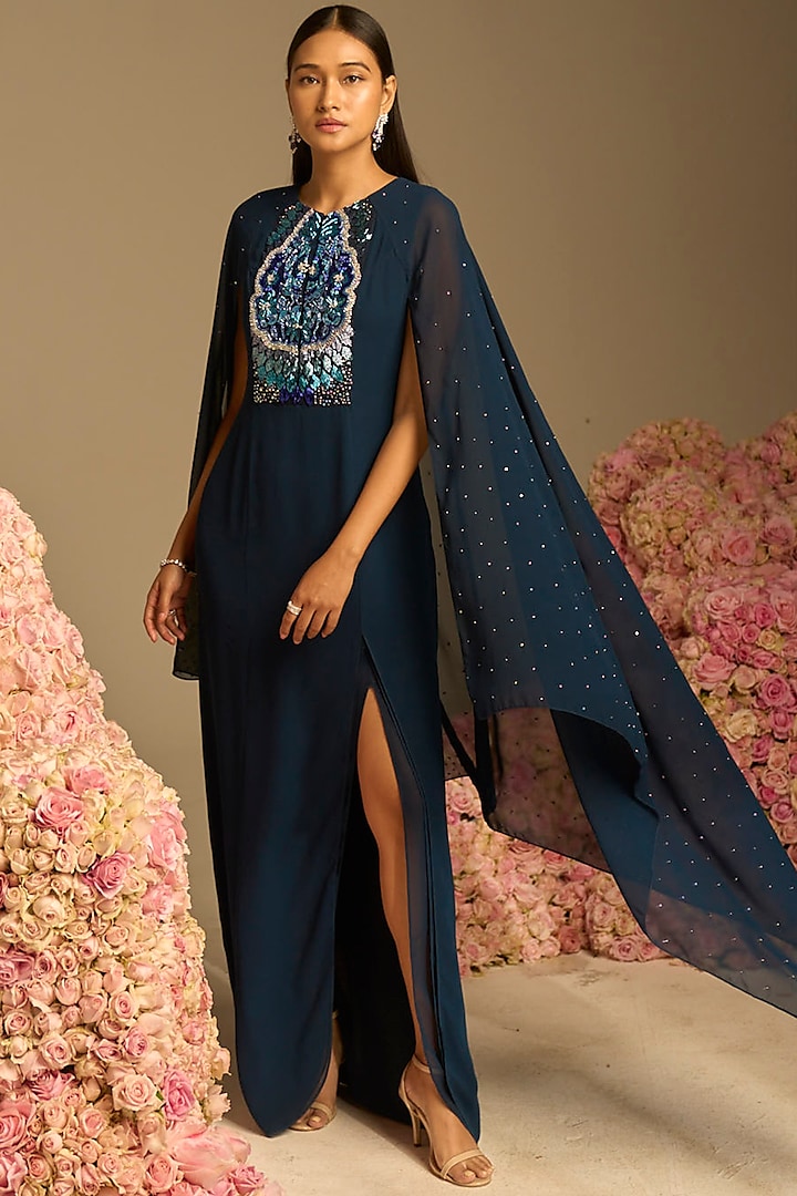 Teal Blue Embroidered Dress Design by Not So Serious By Pallavi Mohan ...