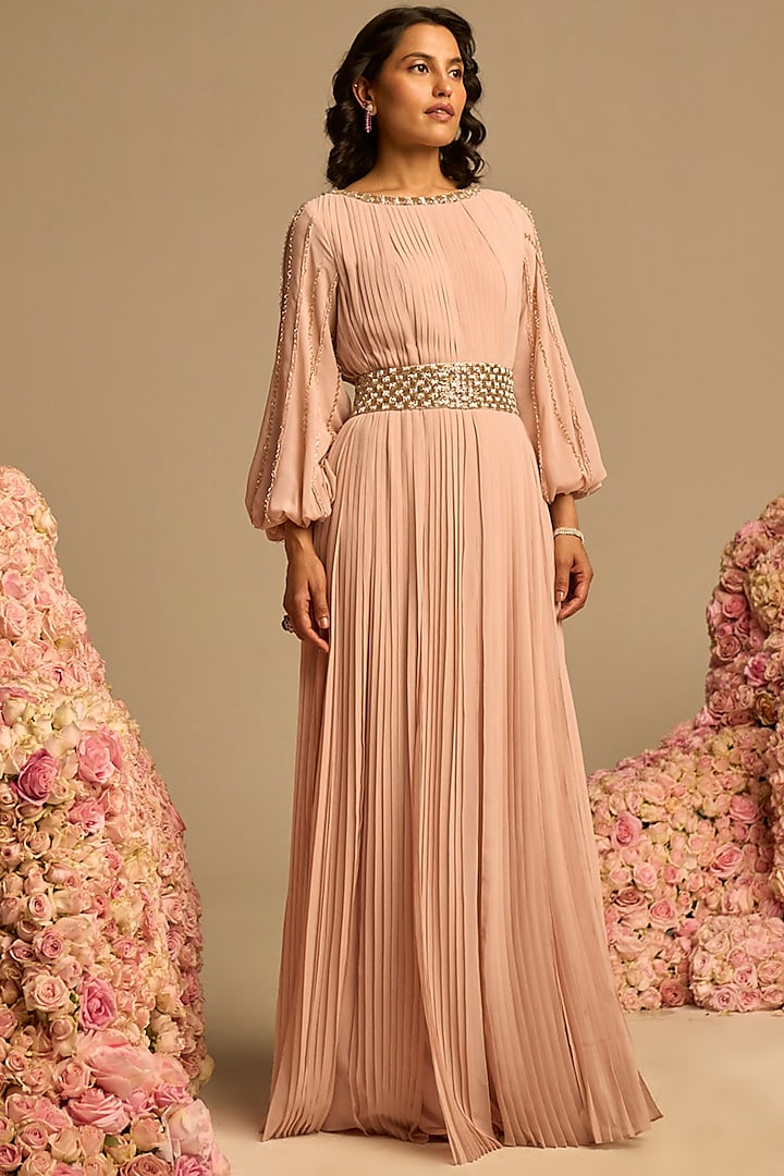 Blush Pink Pleated Maxi Dress by Not So Serious by Pallavi Mohan