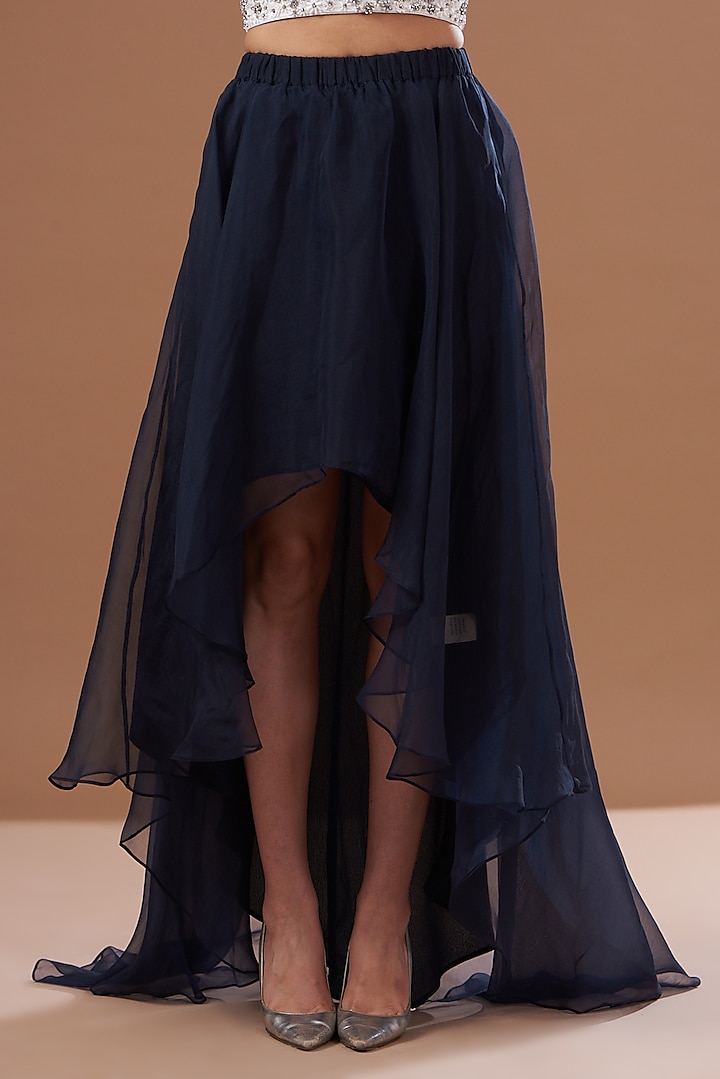 Navy Blue Silk Organza High-Low Skirt by Not So Serious by Pallavi Mohan at Pernia's Pop Up Shop