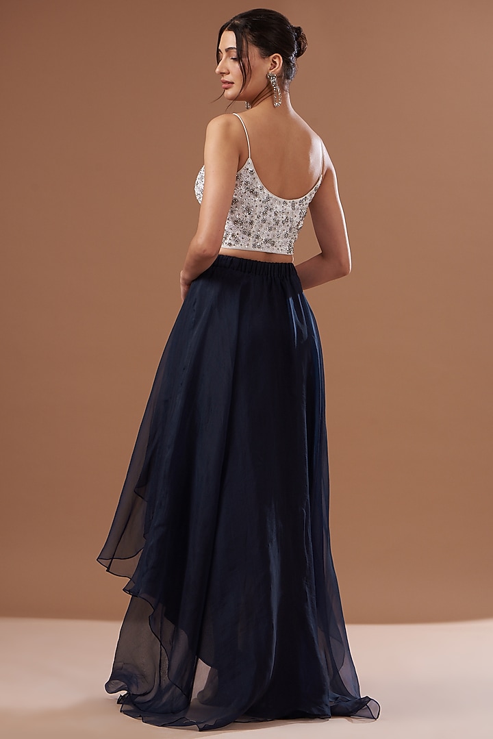 Navy Blue Silk Organza High-Low Skirt by Not So Serious by Pallavi Mohan at Pernia's Pop Up Shop