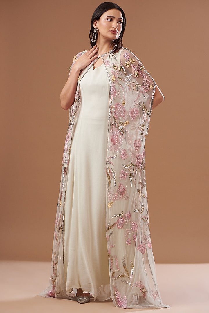 Blush Pink Tulle & Georgette Hand Embroidered Jacket Party Wear Dress by Not So Serious by Pallavi Mohan at Pernia's Pop Up Shop